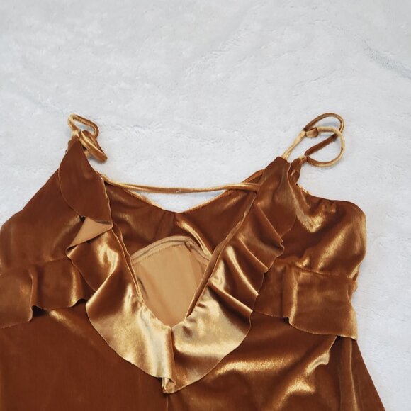 Honey Belle Gold Velvet Ruffle Romantic Coachella Preppy Slip Mini Dress Women M - Picture 9 of 9